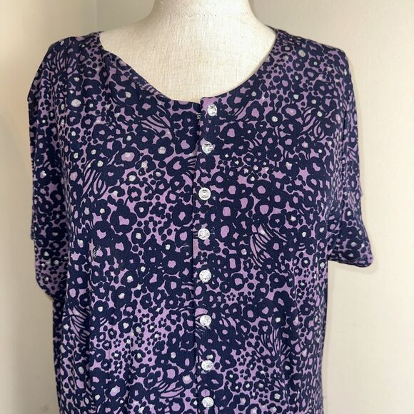 Jaclyn Smith Purple Black Floral Maxi Dress Faux Buttons Silver Sparkle Size XL - Picture 2 of 9